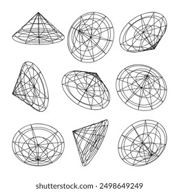 Wireframe lined shapes. Perspective mesh, 3d grid. Low poly geometric elements. Retro futuristic design elements, y2k, vaporwave and synthwave style. Vector illustration