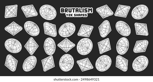 Wireframe lined shapes. Perspective mesh, 3d grid. Modern trendy low poly geometric elements. Retro futuristic design elements, y2k, vaporwave and synthwave style. Vector illustration