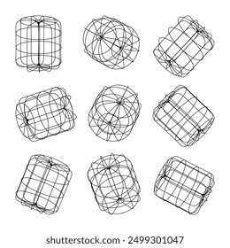 Wireframe lined shapes. Perspective mesh, 3d grid. Low poly geometric elements. Retro futuristic design elements, y2k, vaporwave and synthwave style. Vector illustration