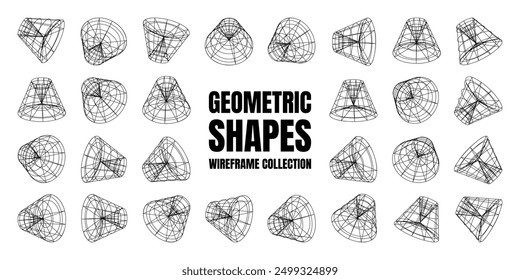 Wireframe lined shapes. Perspective mesh, 3d grid. Low poly geometric elements. Retro futuristic design elements, y2k, vaporwave and synthwave style. Vector illustration