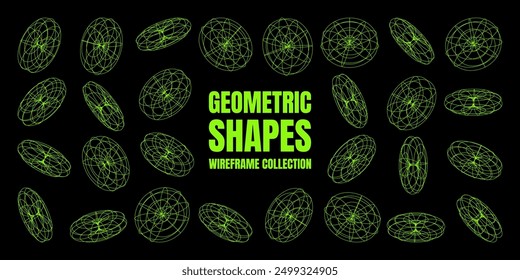 Wireframe lined shapes. Perspective mesh, 3d grid. Low poly geometric elements. Retro futuristic design elements, y2k, vaporwave and synthwave style. Vector illustration