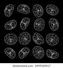 Wireframe lined shapes. Perspective mesh, 3d grid. Low poly geometric elements. Retro futuristic design elements, y2k, vaporwave and synthwave style. Vector illustration
