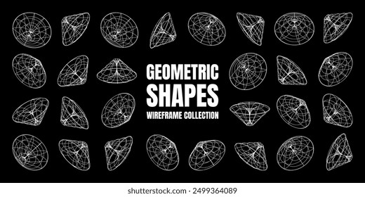 Wireframe lined shapes. Perspective mesh, 3d grid. Low poly geometric elements. Retro futuristic design elements, y2k, vaporwave and synthwave style. Vector illustration