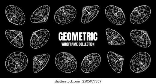 Wireframe lined shapes. Perspective mesh, 3d grid. Low poly geometric elements. Retro futuristic design elements, y2k, vaporwave and synthwave style. Vector illustration