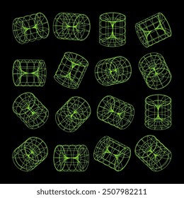 Wireframe lined shapes. Perspective mesh, 3d grid. Low poly geometric elements. Retro futuristic design elements, y2k, vaporwave and synthwave style. Vector illustration