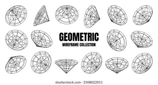Wireframe lined shapes. Perspective mesh, 3d grid. Low poly geometric elements. Retro futuristic design elements, y2k, vaporwave and synthwave style. Vector illustration
