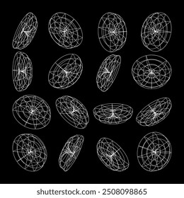 Wireframe lined shapes. Perspective mesh, 3d grid. Low poly geometric elements. Retro futuristic design elements, y2k, vaporwave and synthwave style. Vector illustration