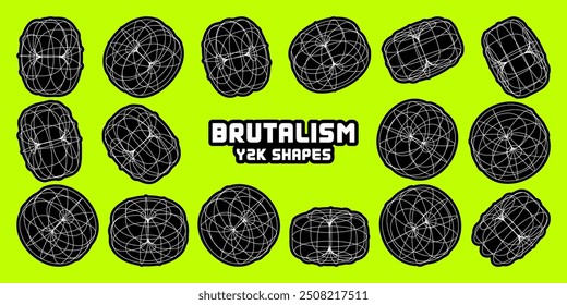 Wireframe lined shapes. Perspective mesh, 3d grid. Modern trendy low poly geometric elements. Retro futuristic design elements, y2k, vaporwave and synthwave style. Vector illustration