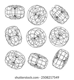 Wireframe lined shapes. Perspective mesh, 3d grid. Low poly geometric elements. Retro futuristic design elements, y2k, vaporwave and synthwave style. Vector illustration