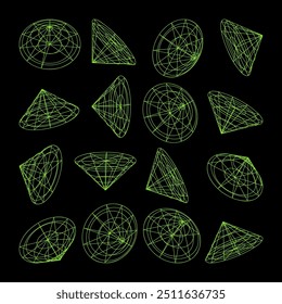 Wireframe lined shapes. Perspective mesh, 3d grid. Low poly geometric elements. Retro futuristic design elements, y2k, vaporwave and synthwave style. Vector illustration