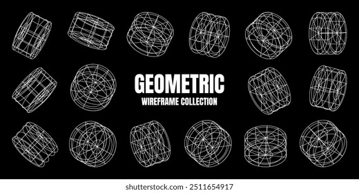 Formas com linhas em modelo de arame. Malha em perspectiva, grade 3d. Elementos poligeométricos baixos. Elementos de design futurista retro, y2k, vaporwave e estilo synthwave. Ilustração vetorial