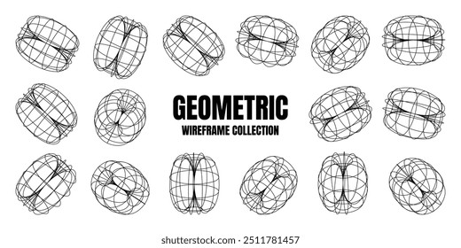 Wireframe lined shapes. Perspective mesh, 3d grid. Low poly geometric elements. Retro futuristic design elements, y2k, vaporwave and synthwave style. Vector illustration