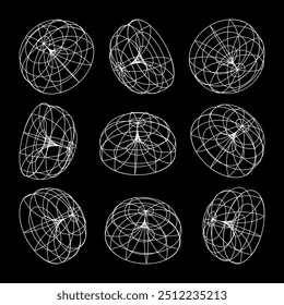 Wireframe lined shapes. Perspective mesh, 3d grid. Low poly geometric elements. Retro futuristic design elements, y2k, vaporwave and synthwave style. Vector illustration