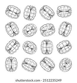 Wireframe lined shapes. Perspective mesh, 3d grid. Low poly geometric elements. Retro futuristic design elements, y2k, vaporwave and synthwave style. Vector illustration