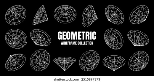 Formas com linhas em modelo de arame. Malha em perspectiva, grade 3d. Elementos poligeométricos baixos. Elementos de design futurista retro, y2k, vaporwave e estilo synthwave. Ilustração vetorial