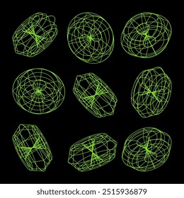 Wireframe lined shapes. Perspective mesh, 3d grid. Low poly geometric elements. Retro futuristic design elements, y2k, vaporwave and synthwave style. Vector illustration