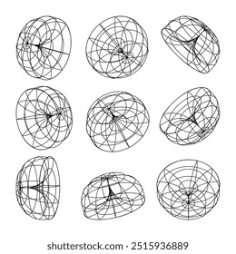 Wireframe lined shapes. Perspective mesh, 3d grid. Low poly geometric elements. Retro futuristic design elements, y2k, vaporwave and synthwave style. Vector illustration
