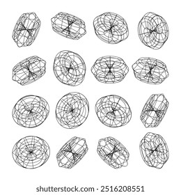 Formas com linhas em modelo de arame. Malha em perspectiva, grade 3d. Elementos poligeométricos baixos. Elementos de design futurista retro, y2k, vaporwave e estilo synthwave. Ilustração vetorial