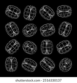 Wireframe lined shapes. Perspective mesh, 3d grid. Low poly geometric elements. Retro futuristic design elements, y2k, vaporwave and synthwave style. Vector illustration