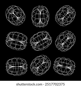 Wireframe lined shapes. Perspective mesh, 3d grid. Low poly geometric elements. Retro futuristic design elements, y2k, vaporwave and synthwave style. Vector illustration