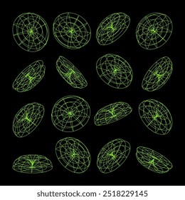 Wireframe lined shapes. Perspective mesh, 3d grid. Low poly geometric elements. Retro futuristic design elements, y2k, vaporwave and synthwave style. Vector illustration