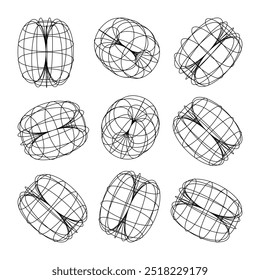 Wireframe lined shapes. Perspective mesh, 3d grid. Low poly geometric elements. Retro futuristic design elements, y2k, vaporwave and synthwave style. Vector illustration