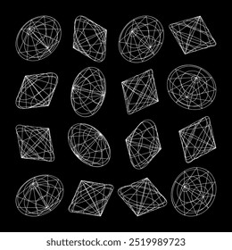 Wireframe lined shapes. Perspective mesh, 3d grid. Low poly geometric elements. Retro futuristic design elements, y2k, vaporwave and synthwave style. Vector illustration