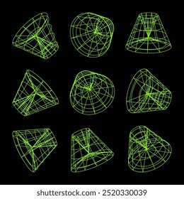 Wireframe lined shapes. Perspective mesh, 3d grid. Low poly geometric elements. Retro futuristic design elements, y2k, vaporwave and synthwave style. Vector illustration