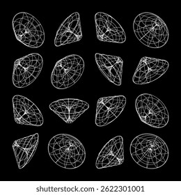 Wireframe lined shapes. Perspective mesh, 3d grid. Low poly geometric elements. Retro futuristic design elements, y2k, vaporwave and synthwave style. Vector illustration