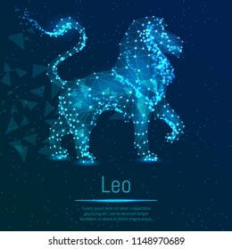 Wireframe Lion. Low poly constellation. Leo zodiac sign in futuristic techology style on a starry sky