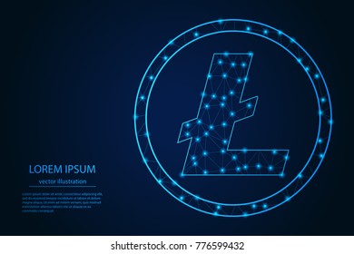 Wireframe Litecoin. With glowing point and lines scales on the dark gradient background, 3D mesh polygonal network connections.Vector illustration.
