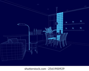 Wireframe Living room interior. Comfortable sofa, TV, window, chair and house plants. Vector flat illustration. 3D