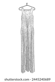 Wireframe of a long woman's dress hanging on a hanger made of black lines isolated on a white background. Vector illustration. 3D.