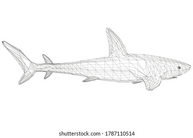 Wireframe low poly blue shark. 3D. Side view. Vector illustration