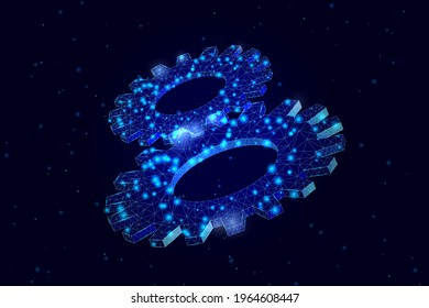 Wireframe low poly composition of cogwheel. Abstract vector  gear. Modern 3d vector illustration on dark blue background. 
