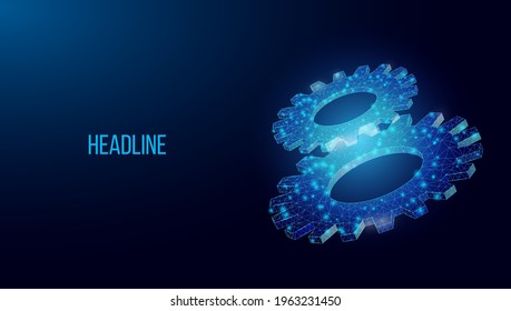 Wireframe low poly composition of cogwheels. Abstract vector  gear. Modern 3d vector illustration on dark blue background. Concept for mechanical technology, engineering, development, business.