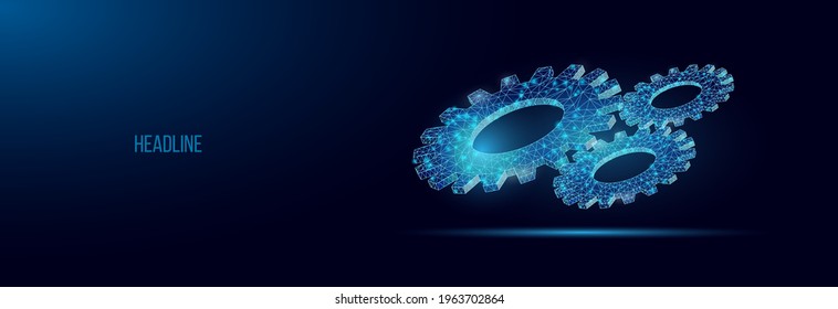 Wireframe low poly composition of cogwheels. Abstract vector  gear. Modern 3d vector illustration on dark blue background. Concept for mechanical technology, engineering, development, business.