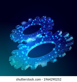 Wireframe low poly composition of cogwheels. Abstract vector  gear. Modern 3d vector illustration on dark blue background. Concept for mechanical technology, engineering, development, business.