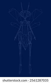 Wireframe low poly humanoid dragonfly. The line beetle stands on two legs. Front view. Vector illustration