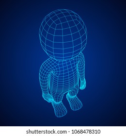 Wireframe low poly mesh human cartoon body in virtual reality. Medical blueprint scanned 3D model. Polygonal technology design.