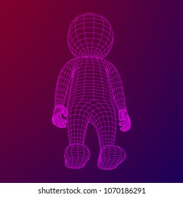 Wireframe low poly mesh human cartoon body in virtual reality. Medical blueprint scanned 3D model. Polygonal technology design.