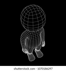 Wireframe low poly mesh human cartoon body in virtual reality. Medical blueprint scanned 3D model. Polygonal technology design.