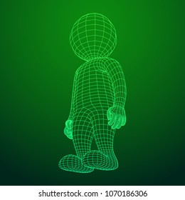 Wireframe low poly mesh human cartoon body in virtual reality. Medical blueprint scanned 3D model. Polygonal technology design.