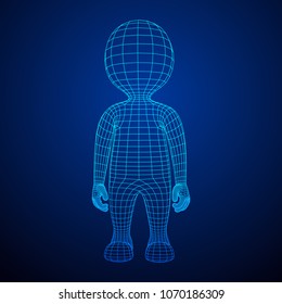 Wireframe low poly mesh human cartoon body in virtual reality. Medical blueprint scanned 3D model. Polygonal technology design.