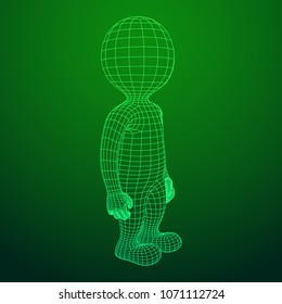 Wireframe low poly mesh human cartoon body in virtual reality. Medical blueprint scanned 3D model. Polygonal technology design.