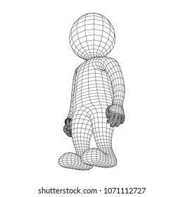 Wireframe low poly mesh human cartoon body in virtual reality. Medical blueprint scanned 3D model. Polygonal technology design.