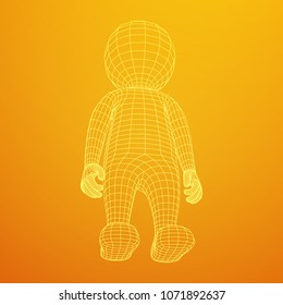 Wireframe low poly mesh human cartoon body in virtual reality. Medical blueprint scanned 3D model. Polygonal technology design.