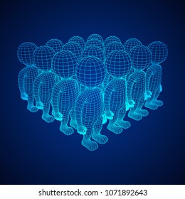 Wireframe low poly mesh human crowd in virtual reality. Medical blueprint scanned 3D model. Polygonal technology design.