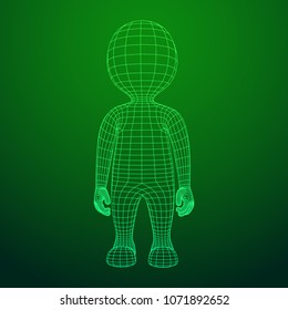 Wireframe low poly mesh human cartoon body in virtual reality. Medical blueprint scanned 3D model. Polygonal technology design.