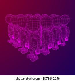 Wireframe low poly mesh human crowd in virtual reality. Medical blueprint scanned 3D model. Polygonal technology design.